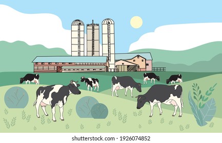 Spotted cows, vector illustration in sketch style. Dairy farm or agricultural enterprise for the breeding of cattle