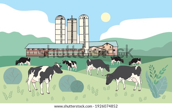 Spotted cows, vector illustration in sketch style.\
Dairy farm or agricultural enterprise for the breeding of\
cattle