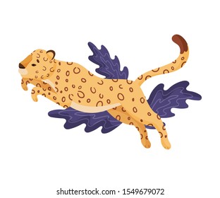 Spotted Cute Jumping Leopard Vector Illustration. Wildlife Concept