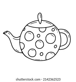 A spotted cute teapot in a simple linear doodle style. Vector isolated illustration.