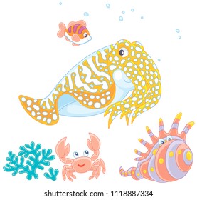 Spotted cuttlefish and a small striped fish swimming over a coral, a funny pink crab and a tropical shell, vector illustrations in a cartoon style, on a white background