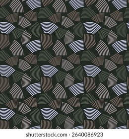 Spotted dark abstract seamless pattern. Smooth striped shapes are chaotically located on a dark background. Vector illustration for print, fabric, cover, packaging, interior decor, blog decoration.