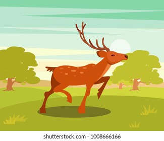 Spotted deer with antlers, wild animal amongst a backdrop of green meadow and forest vector Illustration