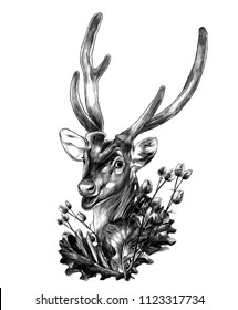 spotted deer head with neck decoration in the form of a wreath of oak leaves and dry grass, sketch vector graphics monochrome illustration