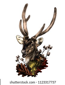spotted deer head with neck decoration in the form of a wreath of oak leaves and dry grass, sketch vector graphics color illustration
