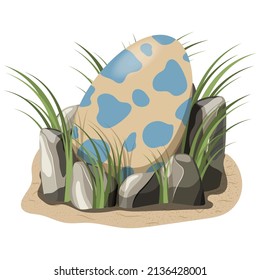 Spotted Dinosaur Egg In Cartoon Style. Reptile Egg In Nest And Grass. Vector.