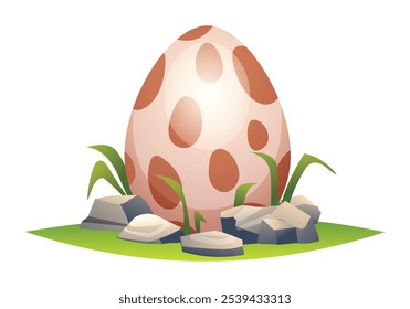 Spotted dinosaur egg in grassy nest surrounded by rocks and small plants. Vector cartoon illustration