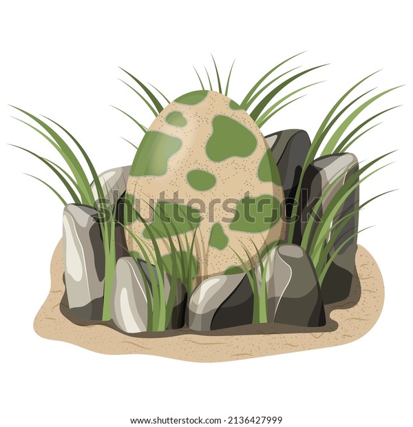 Spotted dinosaur egg in the nest and\
grass. Reptile egg in cartoon style. Egg Dino\
Vector.