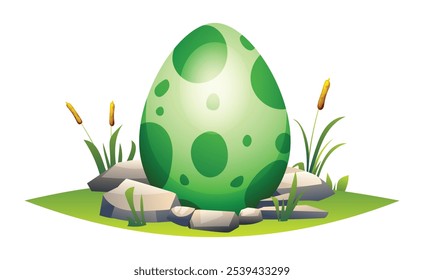 Spotted dinosaur egg resting in a nest with grass and rocks around. Vector cartoon illustration