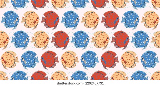 Spotted Discus Fish, Red Pompadour fish on light background. Stylish vector seamless pattern in a cartoon flat style.