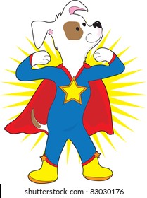 A spotted dog dressed as a super hero showing off his muscles