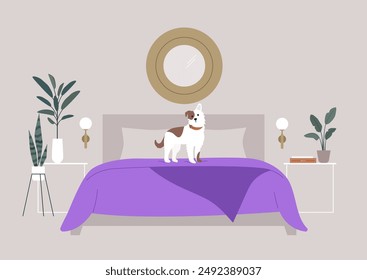 A spotted dog stands proudly on a purple bedspread in a minimalist bedroom