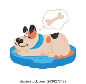 Spotted dog wearing a blue collar peacefully sleeping on a cozy blue dog bed, dreaming of a big bone, illustrated in a charming cartoon style against a clean white background