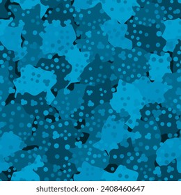 Impresión de jeans localizados y punteados. Vector Denim Textura de patrón sin soldadura azul. Ropa de vaqueros de camuflaje azul enmascarados. Manchas de pincel de flecktarn gruesas. Ilustración vectorial de moda.
