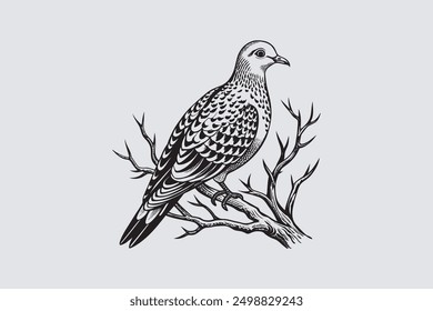  Spotted Dove bird perched on a tree branch vector art.                                           