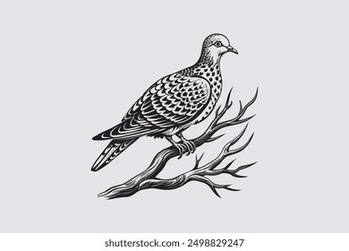  Spotted Dove bird perched on a tree branch vector art.                                           