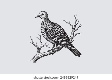  Spotted Dove bird perched on a tree branch vector art.                                           