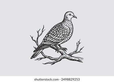  Spotted Dove bird perched on a tree branch vector art.                                           