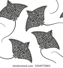 Spotted Eagle Ray, underwater stingray giant ocean animals. Seamless vector pattern with  sea ​​creatures. Nature stylish background. Silhouette. Black and white.  Perfect for wallpaper, wrapping