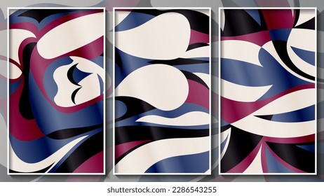 Triptyque d'art expressionniste tacheté. Surface texturée variée de formes lisses et ondulées. Trois images dans des cadres fins blancs. Oeuvre de l'auteur. Image vectorielle.