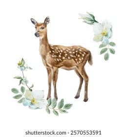 Spotted fallow deer watercolor. White flowers and twig with leaves. Vector illustration. Cards, invitations, posters, banners, wildlife protection day