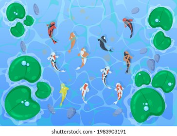 Spotted fish swimming in pond top view. Basin with water-lilies flat vector illustration. Marine animals, reservoir concept.