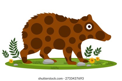 spotted forest animal moving across natural ground with green plants and foliage
