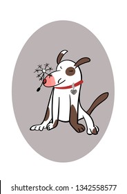 Spotted funny dog sneezes from the down of dandelion, which is on his red nose. A cute pet is allergic to flower seeds. Vector illustration.