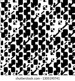 Spotted geometric seamless pattern. Black and white textured background with squares, strips. Grunge texture. Vector illustration.
