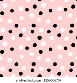Spotted geometric seamless pattern on pink. Abstract geometrical seamless with Polka dot texture, randomly dots, circles, bubbles, stain, spot. background Vector illustration. 