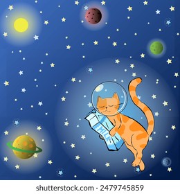 A spotted ginger cat with milk flies in space among the planets. Vector illustration The cat is firmly clinging to a package of milk and is floating in space with a spacesuit on his head. 