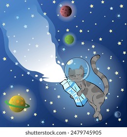 A spotted ginger cat with milk flies in space among the planets. Vector illustration The cat is firmly clinging to a package of milk and is floating in space with a spacesuit on his head. Milk pours