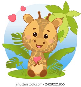 A spotted giraffe sits under a palm tree and hugs a heart. Giraffe in kawaii style. Kawaii giraffe. Vector illustration of drawings, prints and patterns. Children s illustration.