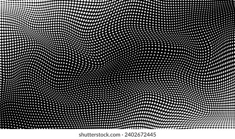 Spotted gradient pattern. Wavy halftone effect. Black white banner. Optical texture with dots. Monochrome dot background. Futuristic pop art print. Ve