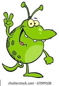 Spotted Green Alien Smiling And Gesturing The Peace Sign