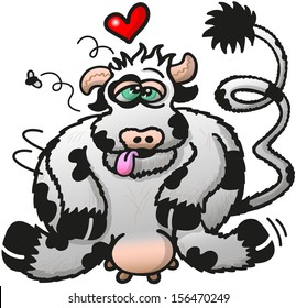 Spotted, green eyed, unkempt and chubby cow with a twisted horn, a big udder and a heart floating above her head, while sitting on the ground, sticking her tongue out, and looking dazed and tired