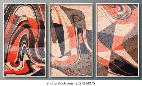 Spotted grunge triptych in warm tones. Composition of three images in white thin frames for interior decoration, blog design, social media accounts, corporate design and your other projects. Vector.