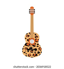 Guitarra con fondo blanco. Instrumento musical de cuerdas con estampado de leopardo de moda. Vector.