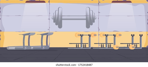 Spotted gym with exercise equipment. The concept of sport and healthy lifestyle. Vector.