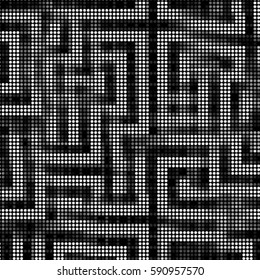Spotted halftone grunge vector line background. Abstract labyrinth illustration background. Grunge grid polka dot background pattern