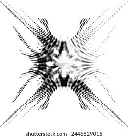 Spotted halftone logo with fish tails on sides and with highlighted area for text on right. Emission of rays from center. Floral outline in center.  For trademarks, logos, brand. Vector.