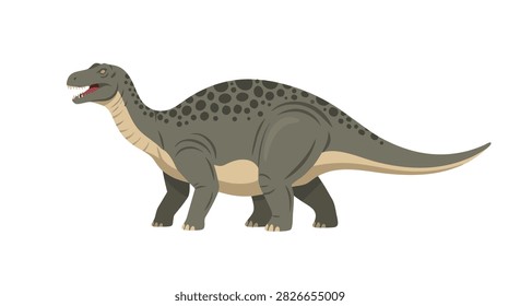 Spotted herbivorous dinosaur walking on white background.