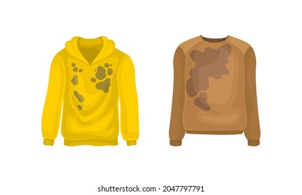 Spotted Hoody and Sweater as Dirty Clothing with Stain for Laundry Vector Set
