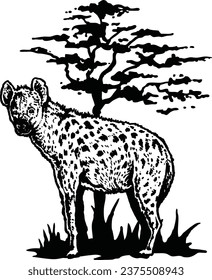 The spotted hyena crocuta crocuta stock sketch  with white background with tree vector illustration