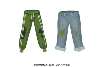 Spotted Jeans and Pants as Dirty Clothing with Stain for Laundry Vector Set