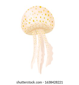 Spotted jellyfish isolated on white background. Sea jelly, beautiful exotic marine animal with tentacles. Ocean fauna, aquatic creature, undersea dweller. Cartoon colorful vector illustration.