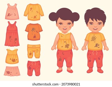 Spotted Kids Clothes with Splashes for Laundry, cartoon children in dirty jeans and blouse. vectorillustration  isolated set