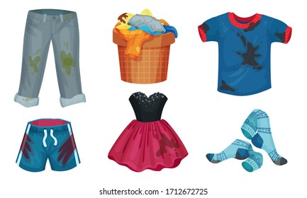 Spotted Kids Clothes with Splashes of Mud All Around Vector Set