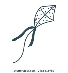 Spotted kite hand drawn clip art illustration. Simple black line kite. Flying kite, baby fun doodle sketch style, vector graphic