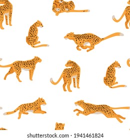 Spotted leopard running and hunting predator animal. Zoo african mammal with furry coat in motion and rest. Wild cat sitting and walking with long tail. Seamless pattern, vector in flat style